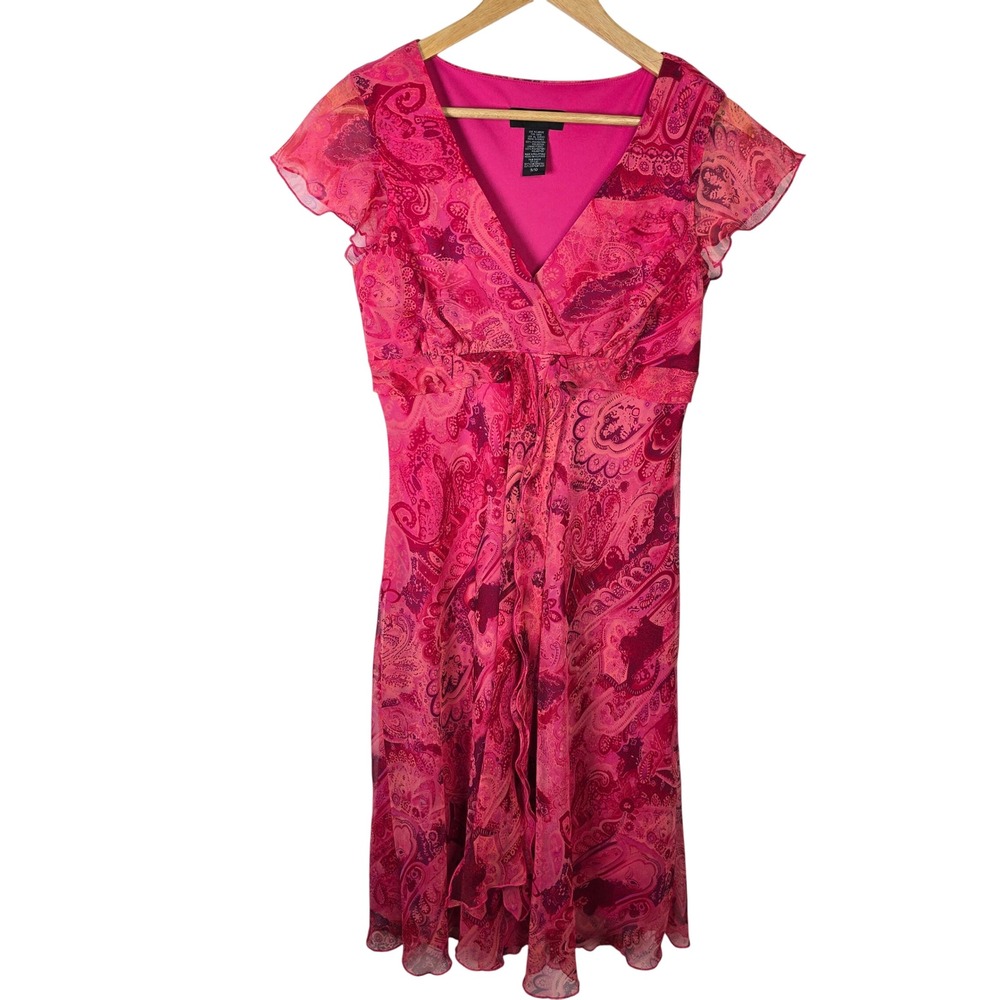 B. Smart Pink Paisley Chiffon Midi Dress Flutter Sleeve‎ Tie Waist Size 9/10